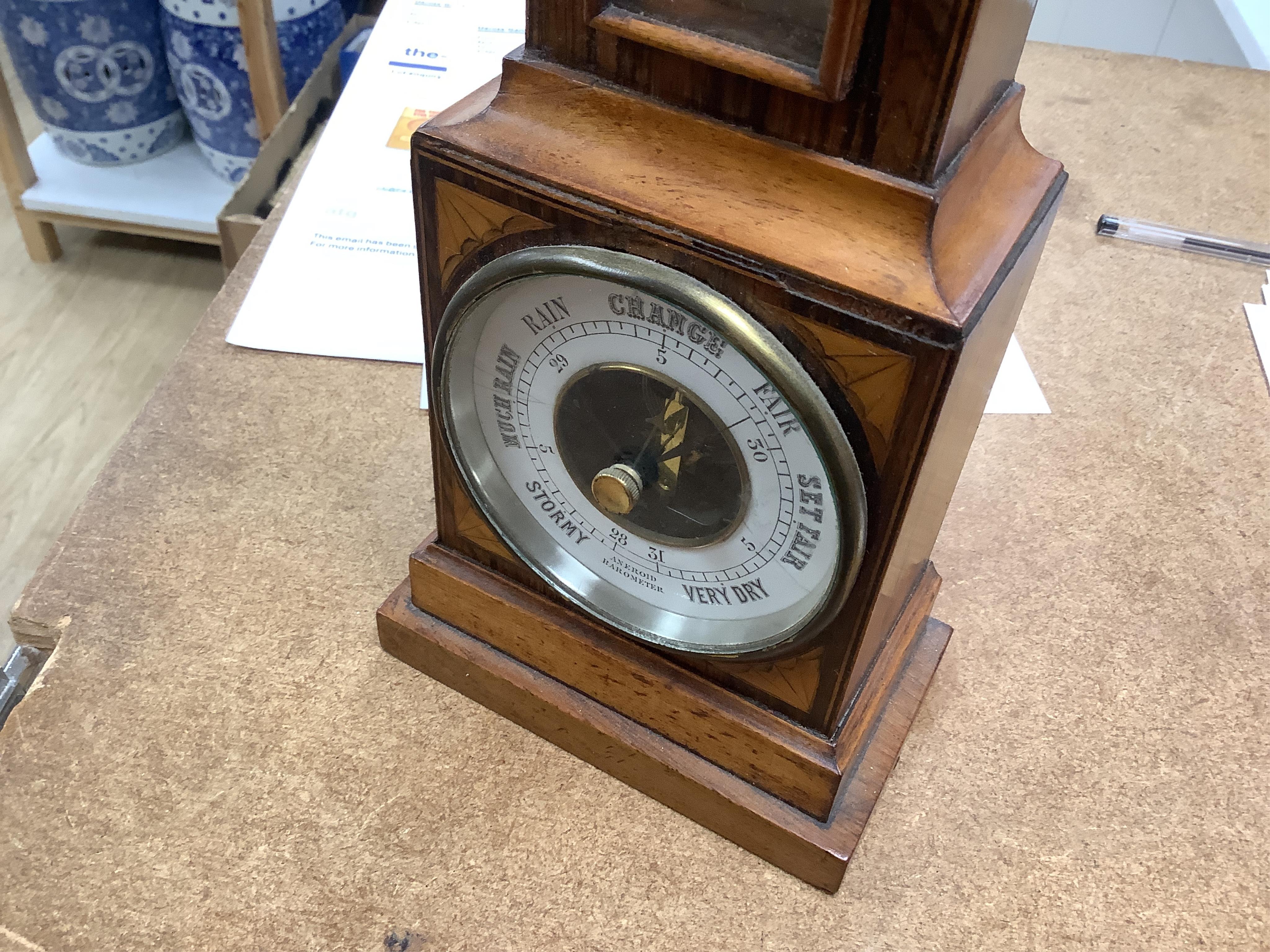 A miniature inlaid rosewood longcase clock with French movement and integral aneroid barometer and thermometer, the dial inscribed Aldis, Pimlico, 47cm high